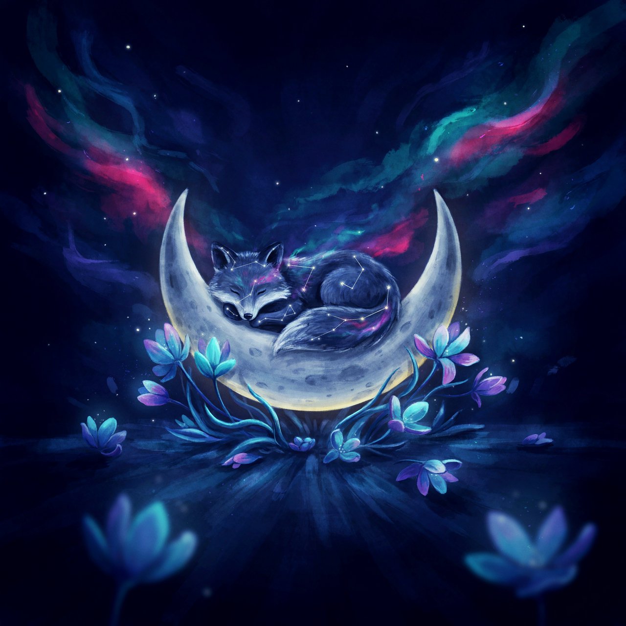 A miniature, intricately detailed fox crafted from living constellations, curled asleep atop a crescent moon. Surrounding it are delicate, bioluminescent flowers that pulse with gentle light, casting intricate shadows. The background is a deep indigo sky filled with swirling nebulae and distant, twinkling stars. The overall aesthetic is dreamlike and whimsical, with a painterly finish and a touch of cosmic wonder. — Ideogram v4
