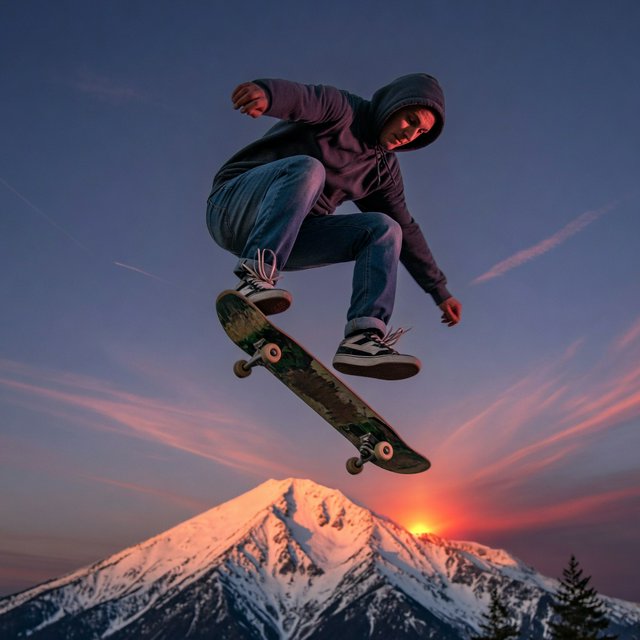 A man wearing a hoodie, jeans, and sneakers rides a skateboard that has taken off the ground. A low angle shows the man on the skateboard up in the air at high speed, with a snow-capped peak in the background beneath a setting sun in the evening sky. — Grok Imagine Image Quality