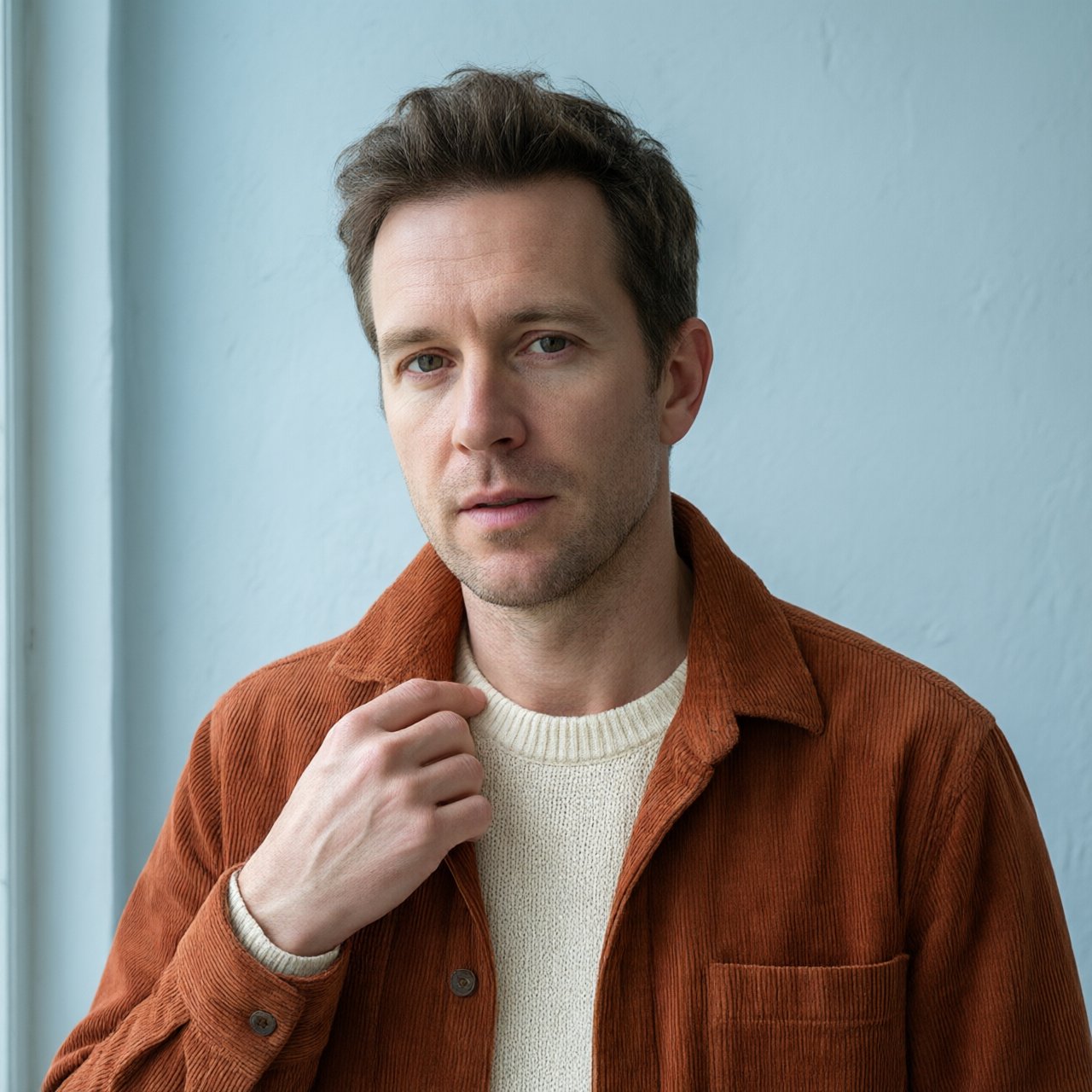 Portrait photograph of an adult man in his late 30s wearing a rust-colored corduroy overshirt over a cream knit, fingertips resting on its broad collar. His quietly curious gaze meets the camera against a pale blue plaster backdrop, softly lit by cool side-window light. — Qwen Image 3.0