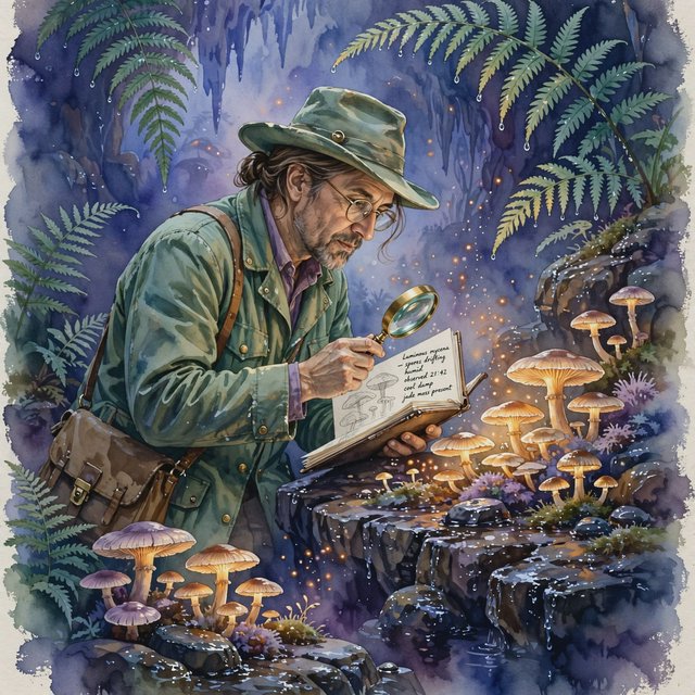 Watercolour illustration of an adult botanist studying luminous fungi in a misty cave, with fern fronds, glistening stone and drifting spores. Palette of jade, lilac, amber, and deep indigo, with translucent washes. — Muse Image 1.0