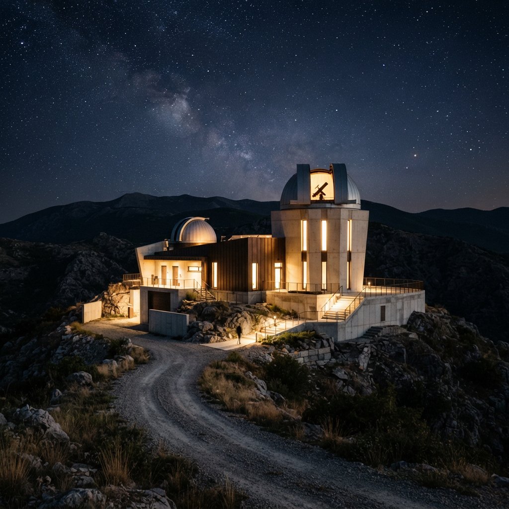 A hilltop observatory in spare contemporary architecture glows against the midnight sky, its pale concrete walls, bronze panels, and narrow windows lit from within; viewed from the access road, crisp edges and credible structural supports. — Nano Banana 2 Lite