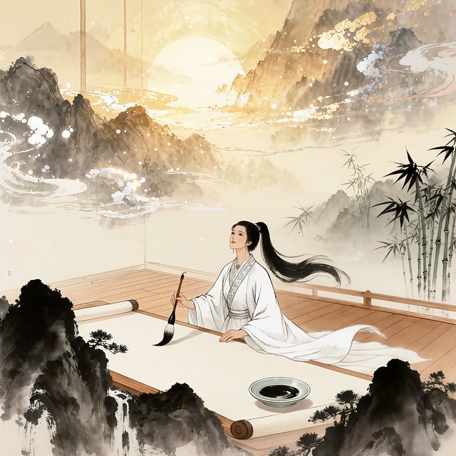 Heaven above, earth below. Ink-painting studio. Chinese painting style. Alluring. Peerless adult beauty. Radiant. — Kling v3