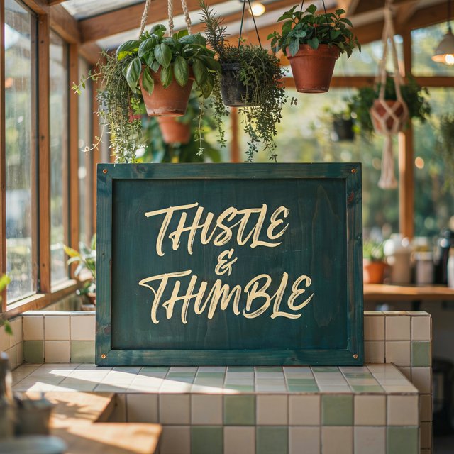 At a neighborhood greenhouse café, sunlight filters through hanging herbs above a tiled counter; "THISTLE & THIMBLE" is painted in hand-lettered cream script across a deep green wooden menu board. — Ideogram v4.5