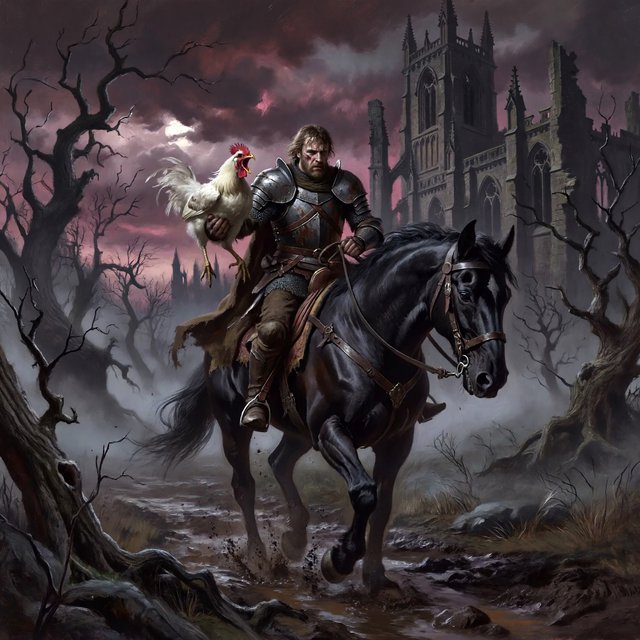 A man riding a horse, holding a screaming chicken, in dark gothic fantasy. — Model 8