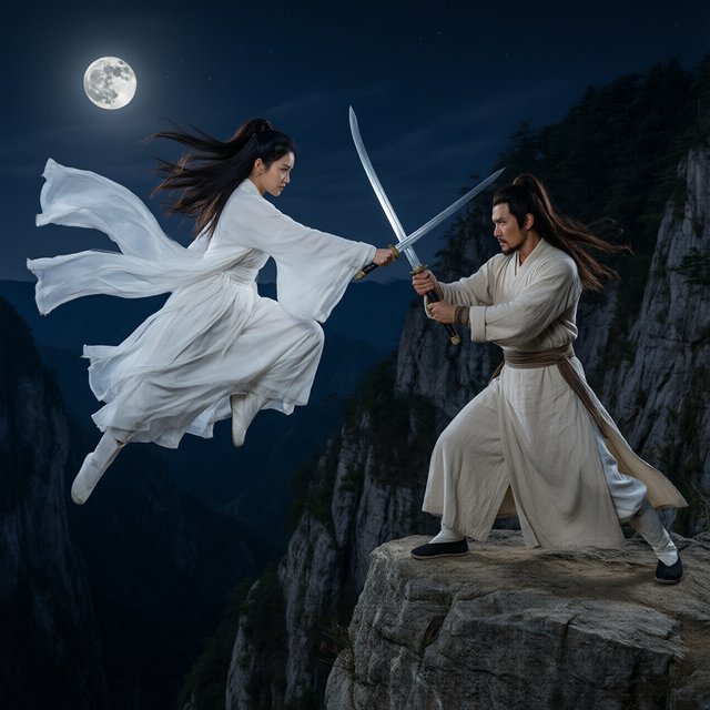 Frontal cinematic shot of two adult martial artists dueling on a cliff at night in ancient China: a female swordswoman in flowing white hanfu is airborne in a dynamic combat pose, thrusting her sword forward, while a male swordsman in traditional Taoist robes firmly parries her attack with his own blade. Moonlit night, wind sweeping their garments and hair, dramatic cliffside setting, tense face-off, elegant wuxia atmosphere, vivid motion, visually striking. — Qwen Image 3.0