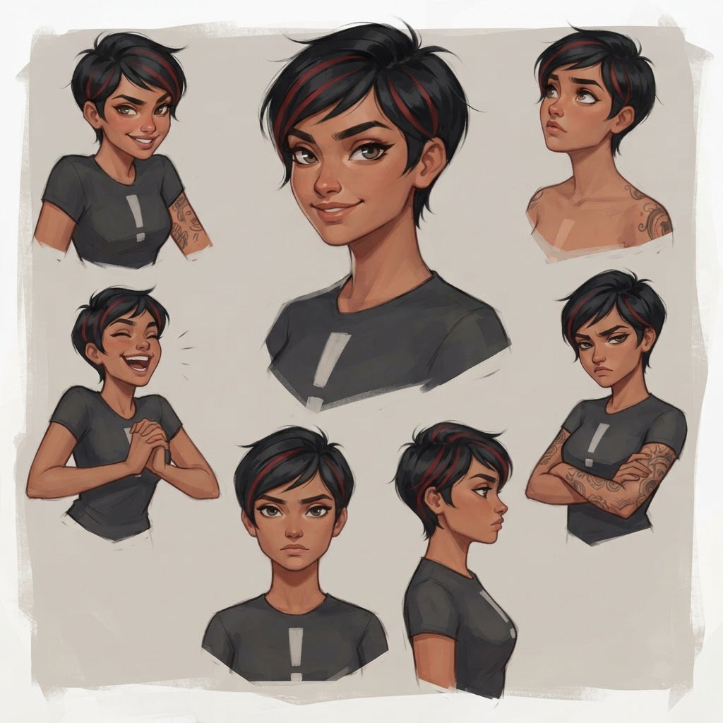 Character exploration sheet of the same 25-year-old Indian woman in several bust and waist-up studies, varied expressions and three-quarter views, one larger central portrait. Warm brown skin, black pixie haircut with red streaks, tattoos, tight T-shirt bearing an exclamation mark (!). Plain warm light-gray background, irregular painted edges. Stylized semi-realistic digital painting with animation-inspired proportions, large expressive eyes, strong brows, simplified anatomy and convincing volume. Minimal linework, soft blended facial shading, broad angular brushstrokes on clothing. Luminous warm brown skin with terracotta undertones, subtle blush, restrained highlights. Hair painted in sculpted masses with broad highlights and fine flyaways. Muted charcoal and earthy neutrals, soft directional studio lighting, detailed eyes and lips, loose edges and unfinished brushwork. — Nano Banana 2 Lite