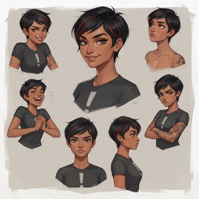 Character exploration sheet of the same 25-year-old Indian woman in several bust and waist-up studies, varied expressions and three-quarter views, one larger central portrait. Warm brown skin, black pixie haircut with red streaks, tattoos, tight T-shirt bearing an exclamation mark (!). Plain warm light-gray background, irregular painted edges. Stylized semi-realistic digital painting with animation-inspired proportions, large expressive eyes, strong brows, simplified anatomy and convincing volume. Minimal linework, soft blended facial shading, broad angular brushstrokes on clothing. Luminous warm brown skin with terracotta undertones, subtle blush, restrained highlights. Hair painted in sculpted masses with broad highlights and fine flyaways. Muted charcoal and earthy neutrals, soft directional studio lighting, detailed eyes and lips, loose edges and unfinished brushwork. — Nano Banana 2 Lite