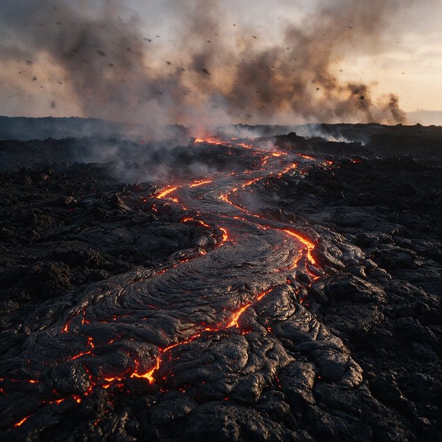 Fresh lava threads a black cinder plain on a volcanic island at dusk beneath ash-laden wind; blistered crust and brittle pumice in the foreground give way to glowing fissures fading into smoke. — Seedream 5.0 Pro