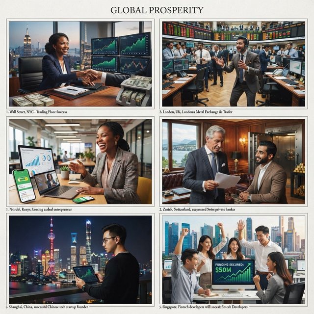 An image about people making a lot of money around the world, shown in 4–6 scenes. Realistic image. — Nano Banana 2 Lite