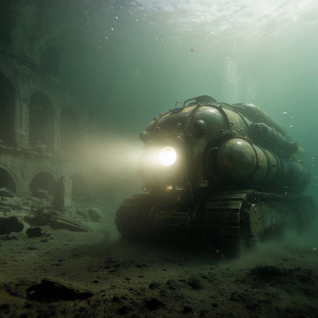 A brass-and-ceramic deep-sea crawler with arched pressure tanks trundles across the floor of a sunken obsidian caldera. Its searchlight cuts through green silt, revealing ruined stone arches far below the surface. — Krea 2 Large
