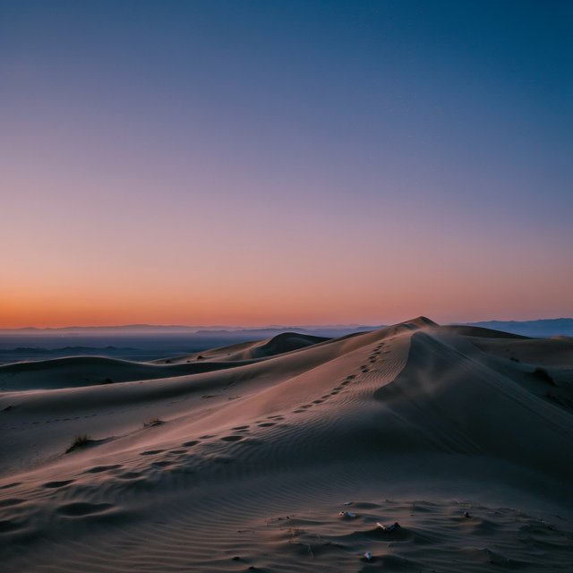Sand dunes at sunset with wind-blown ridges, one set of footprints, deep blue sky fading to orange. — Ideogram v4