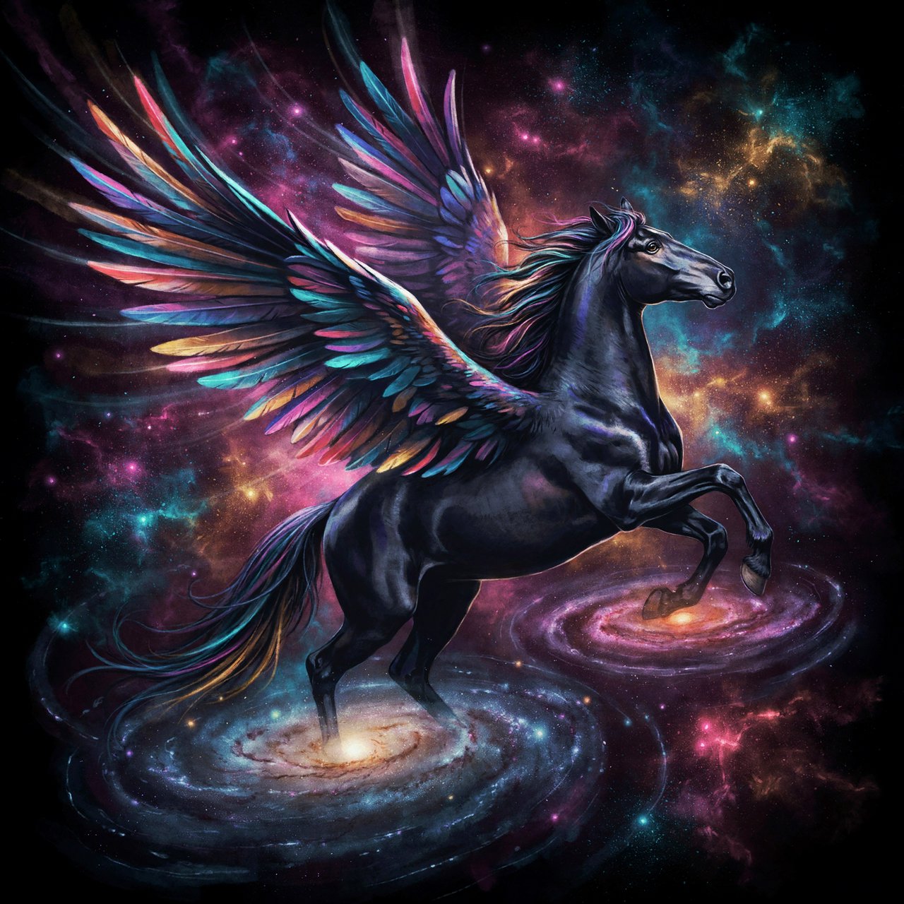 A majestic winged horse, with iridescent feathers and a coat like polished obsidian, is soaring through a celestial realm filled with nebulae and shimmering stardust. Around its hooves, tiny galaxies spiral outwards. The style is reminiscent of intricate fantasy illustration, with glowing, ethereal colors and a sense of deep cosmic wonder — Ideogram v4.5