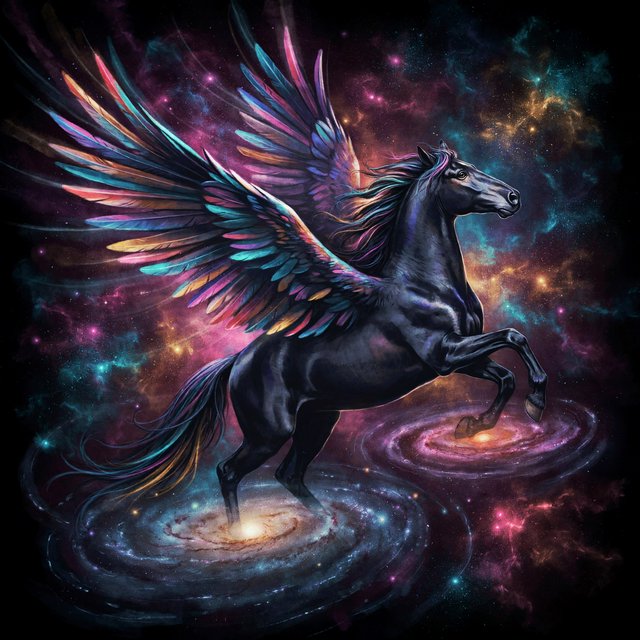 A majestic winged horse, with iridescent feathers and a coat like polished obsidian, is soaring through a celestial realm filled with nebulae and shimmering stardust. Around its hooves, tiny galaxies spiral outwards. The style is reminiscent of intricate fantasy illustration, with glowing, ethereal colors and a sense of deep cosmic wonder — Ideogram v4.5