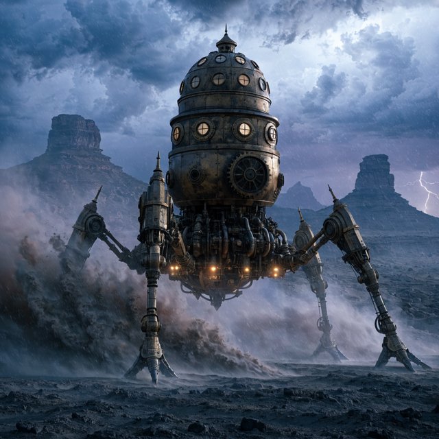 A colossal brass desert crawler carries an observatory dome across red dunes, its articulated legs striding through a sandstorm. Warm lamps glow beneath the hull while distant mesas fade into violet dusk and lightning illuminates the horizon. — Recraft v4