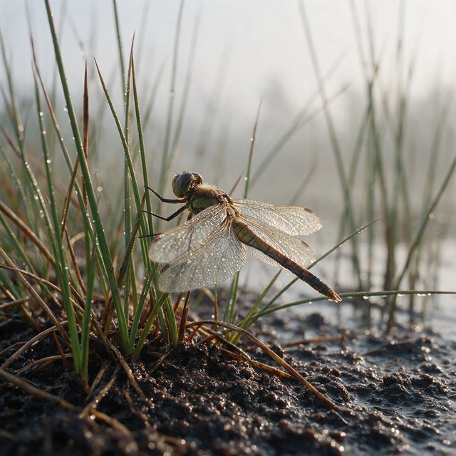 On a peaty marsh edge, a dragonfly rests among sedges after a light morning shower; dew beads on its veined wings and granular mud, while reed stems soften into pale fog behind it. — Seedream 5.0 Pro