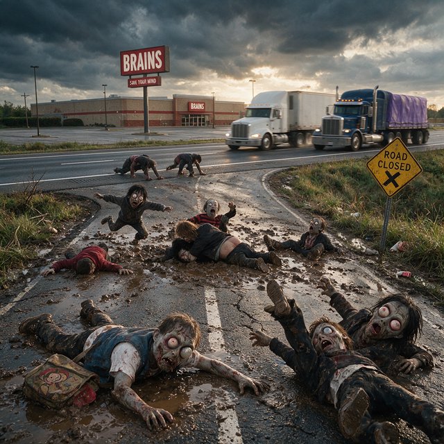 Several weird-looking zombies, some cross-eyed and some wide-eyed, are heading towards a superstore far ahead named "Brains". The superstore is located beside a highway with some trucks driving along it. The zombies are on a rural road connecting to the highway. There are patches of mud in one place on the rural road. The zombies are slipping on the mud and falling—some on their faces, some on their backs, and some on top of other zombies. A couple of fallen zombies are crawling up to the highway, where speeding trucks are passing by. Make it dramatic but funny. — Model 19