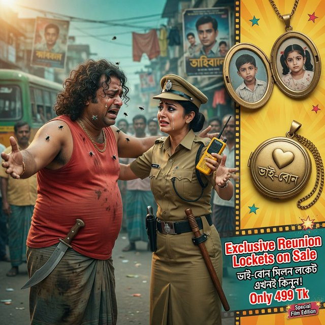 A reunion of long-lost brother and sister, as depicted in Bangladeshi films. The brother is now a thug, he is overweight, with badly cut, long, curly hair. He wears a sleeveless T-shirt. A large knife peeks out of his trousers. His arms open wide to hug his sister. He stinks. So a few flies hover around his head. His sister, typically the film heroine, and therefore very attractive. But she's a cop wearing a cap and body-fitting khaki police dress. A gun in her holster, a baton by her belt, plus a walkie talkie in her one hand. Her arms are also open wide to hug the brother. Both are tearful. They must be placed on one side of the image. On the other side of the image, we place some products from the film that we want to sell: A circular locket that is open like a book, with childhood pictures of the brother and the sister on two sides. Below this open locket, we show a closed locket. Add text: Exclusive reunion lockets on sale. — Model 6
