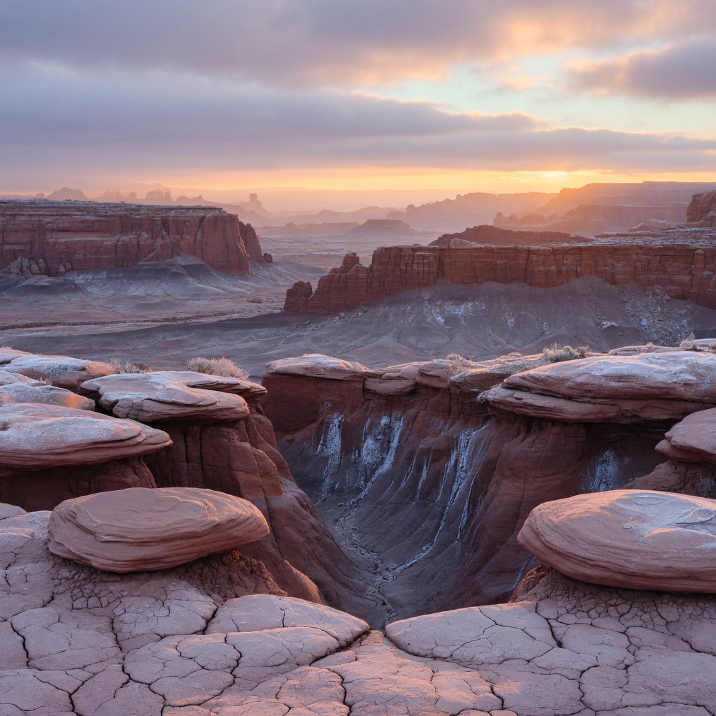 A red-sandstone badlands plateau beneath clearing winter clouds at sunrise, overnight frost silvering the gullies; cracked clay and wind-smoothed rock lead the eye across layered mesas fading into pale distance. — Grok Imagine Image Quality