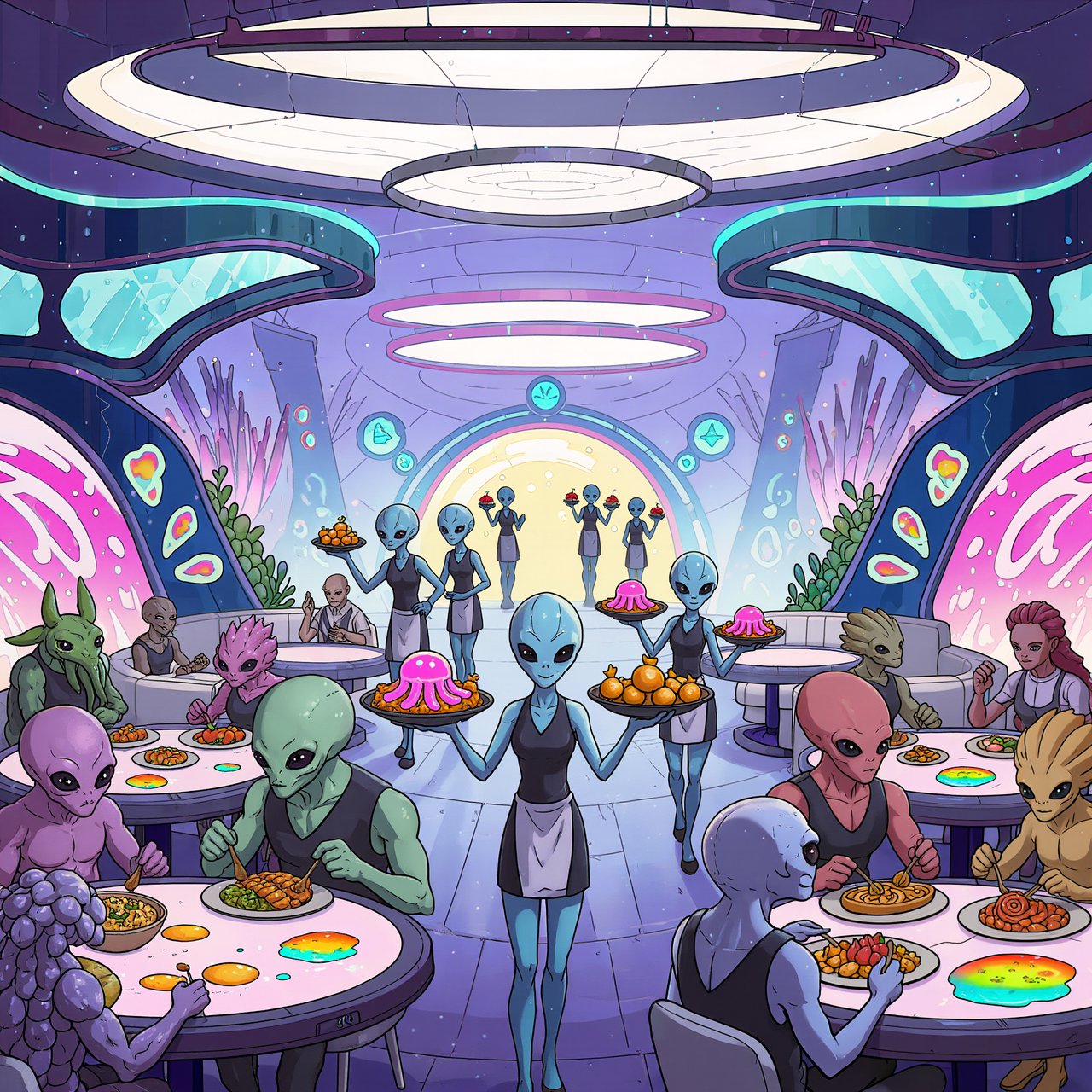 An alien restaurant on a strange planet. The interior is well lit, but the décor is very strange and out of this world. Alien waitresses are bringing in platters of food. Alien diners are eating very unusual dishes. — Kling v3