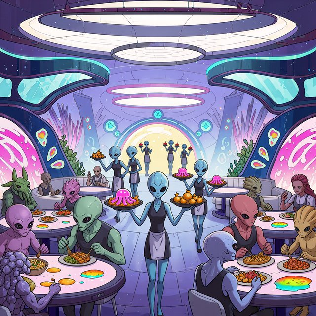 An alien restaurant on a strange planet. The interior is well lit, but the décor is very strange and out of this world. Alien waitresses are bringing in platters of food. Alien diners are eating very unusual dishes. — Kling v3
