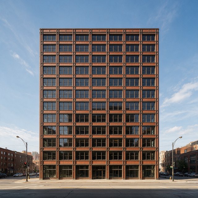 Exterior of a Chicago School office tower, with a visible steel-frame grid, warm terra-cotta cladding, broad rectangular windows, and a flat roofline; clear afternoon light, viewed from across a city street, with precise verticals and believable construction. — Seedream 5.0 Pro
