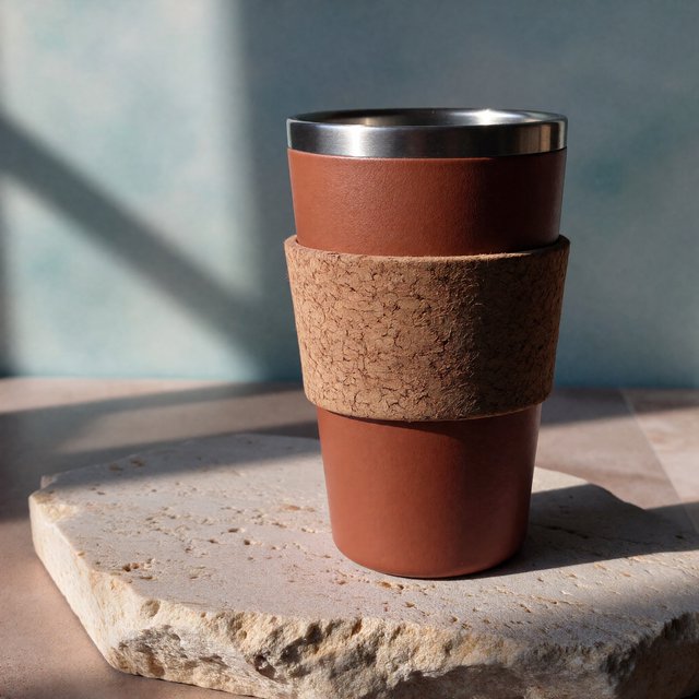 Commercial product photograph of an unbranded insulated travel mug made from matte terracotta powder-coated steel with a cork grip, standing on a pale limestone slab against a soft teal background, lit by broad diffused window light and a gentle edge light. — ImagineArt 1.5 Pro