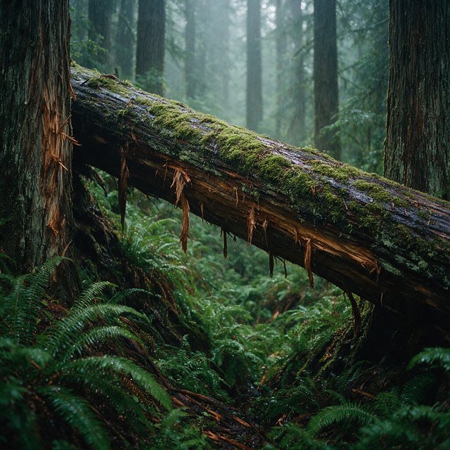 Between cedar trunks, a moss-covered fallen giant bridges a fern-filled ravine in steady dawn drizzle; shredded bark, rain-dark lichen, and tiny rivulets stand crisp nearby while successive trees dissolve into green mist. — Seedream 5.0 Pro