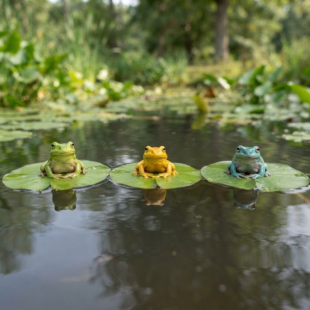 A still pond holds exactly three frogs on separate lily pads: a lime-green frog at the left, a golden-yellow frog in the center, and a turquoise frog at the right. All face forward; nothing else. — Model 16