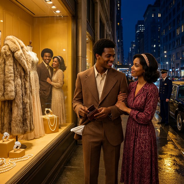 Cinematic city scene at night, with the glamour of 1970s soul romance. In the foreground, a young Black man in a modest brown wide-lapel suit smiles at his adult beloved, playfully turning out his empty trouser pocket while holding an almost-empty wallet. His adult girlfriend wears a burgundy patterned dress and delicate hairband; she holds his arm and gazes at him lovingly, unconcerned by his lack of money. Beside them, a grand department-store window glows amber, displaying a luxurious fur coat, regal evening gown, diamond rings and strings of pearls. In the glass, their reflections appear elegantly dressed, hinting at the lavish life he dreams of giving her. A polished black limousine waits at the curb beside a uniformed chauffeur. Wet pavement mirrors golden lights; deep blue city buildings balance the amber, cream and burgundy palette. Warm, joyful, sincere mood; realistic faces and hands, detailed fabrics and reflections. No text, borders or collage. — Qwen Image 3.0 Pro