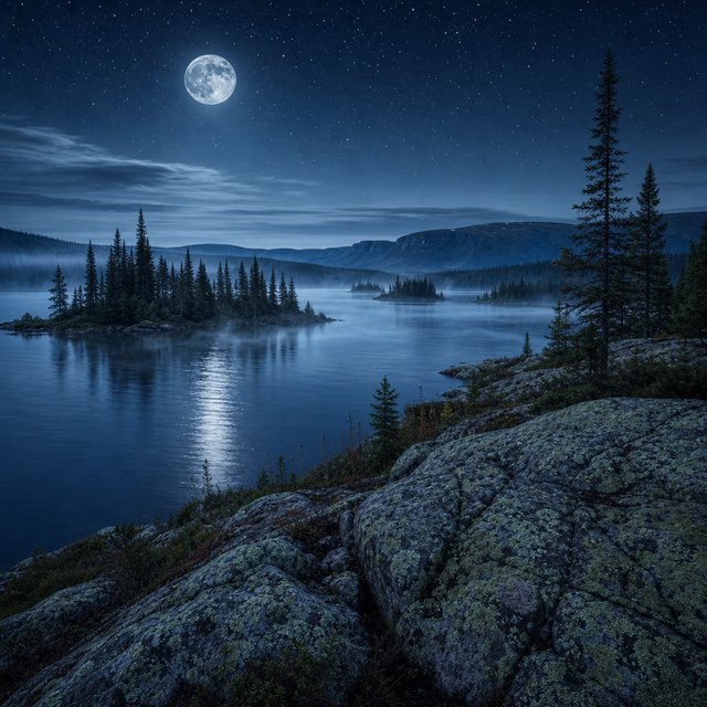 An expansive boreal lake beneath a clear, cold midnight sky, pale moonlight catching thin mist above dark water; spruce-covered islands recede toward distant ridges, while lichen and cracked granite sharpen the near shoreline. — GPT Image 2