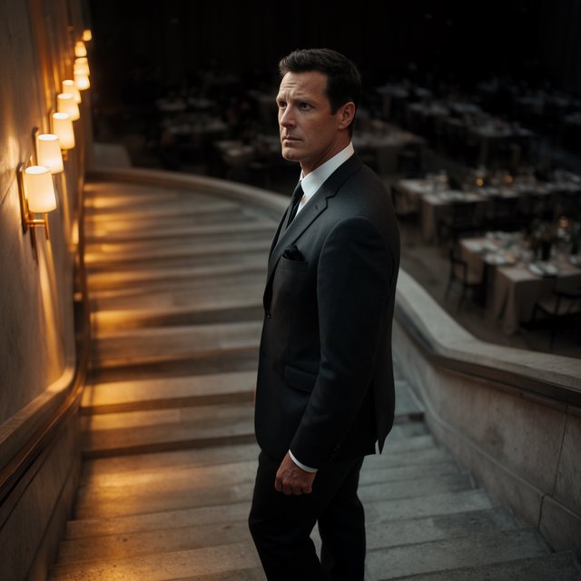 A tall adult man in a charcoal evening suit pauses halfway down a sweeping hotel staircase, caught glancing toward the ballroom as amber sconces cast sculpted light across stone; crisp tailoring and composed fashion-magazine polish. — Model 11
