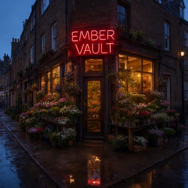 At dusk, a narrow flower shop with rain-dark brick, overflowing window boxes, and warm interior light; the invented name "EMBER VAULT" is rendered in red neon tubing above the entrance, reflected in puddles. — Qwen Image 3.0