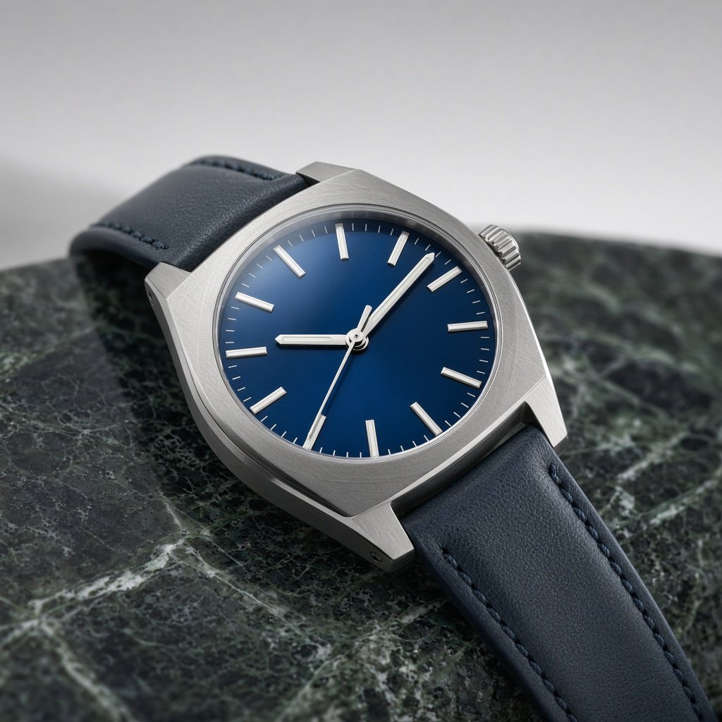 Commercial product photograph of an unbranded mechanical wristwatch with a brushed titanium case and deep blue enamel dial, resting on dark green marble against a soft gray background, illuminated by a large diffused softbox and narrow edge light. — Grok Imagine Image 2