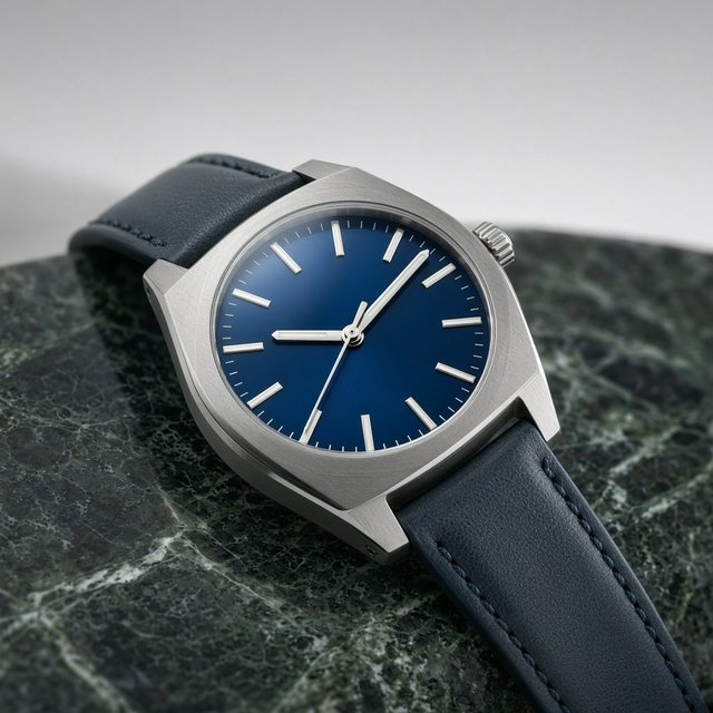 Commercial product photograph of an unbranded mechanical wristwatch with a brushed titanium case and deep blue enamel dial, resting on dark green marble against a soft gray background, illuminated by a large diffused softbox and narrow edge light. — Grok Imagine Image 2