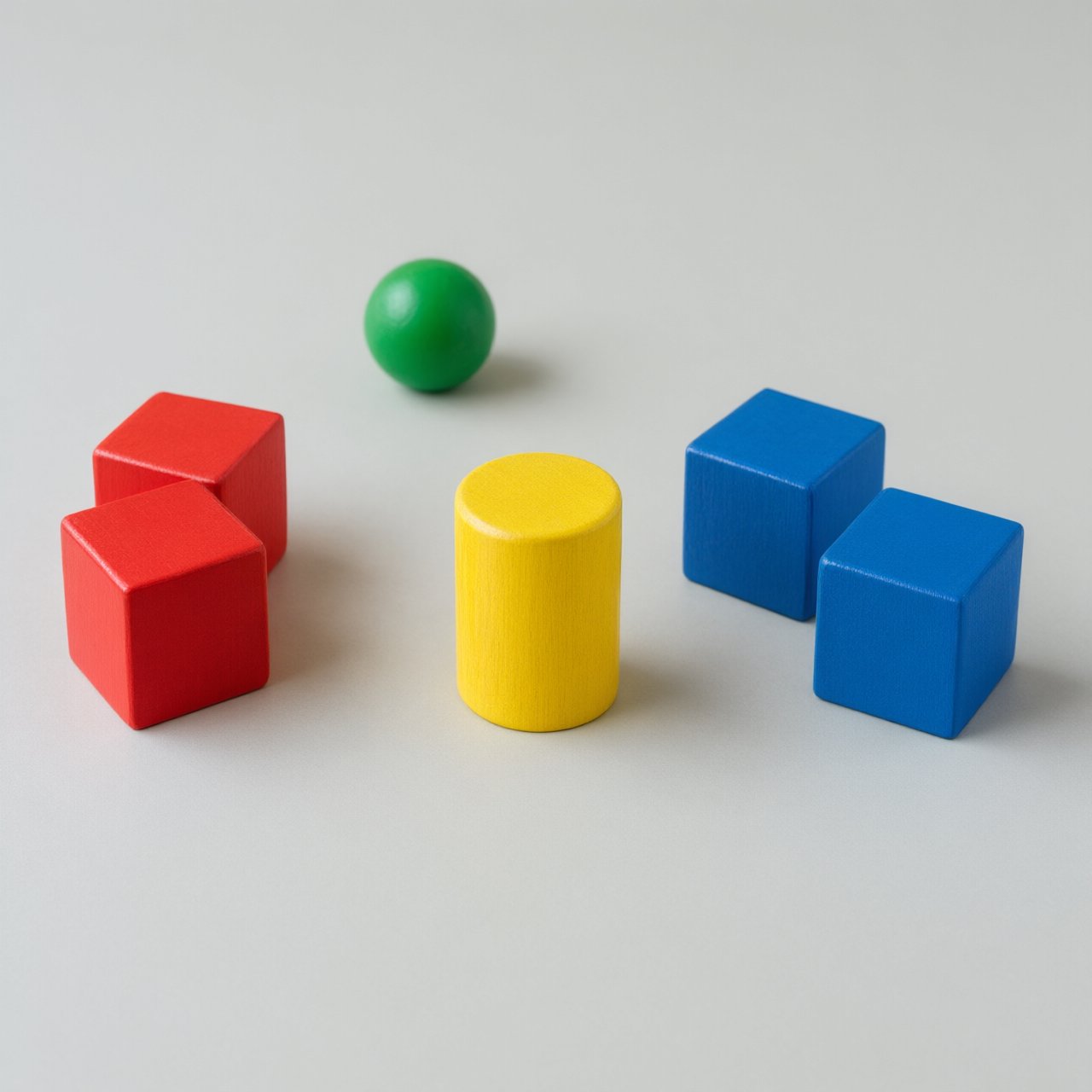 Exactly five wooden toy blocks sit on a pale gray table: two red cubes on the left, one yellow cylinder in the center, and two blue cubes on the right. A small green ball sits behind the cylinder, nothing else. — Qwen Image 3.0