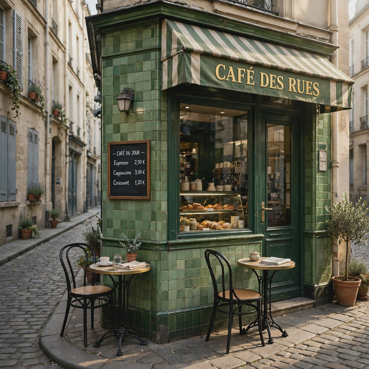 A tiny corner café in a narrow European street, green tiled facade, two bistro tables, morning light, no people. — Muse Image 1.0