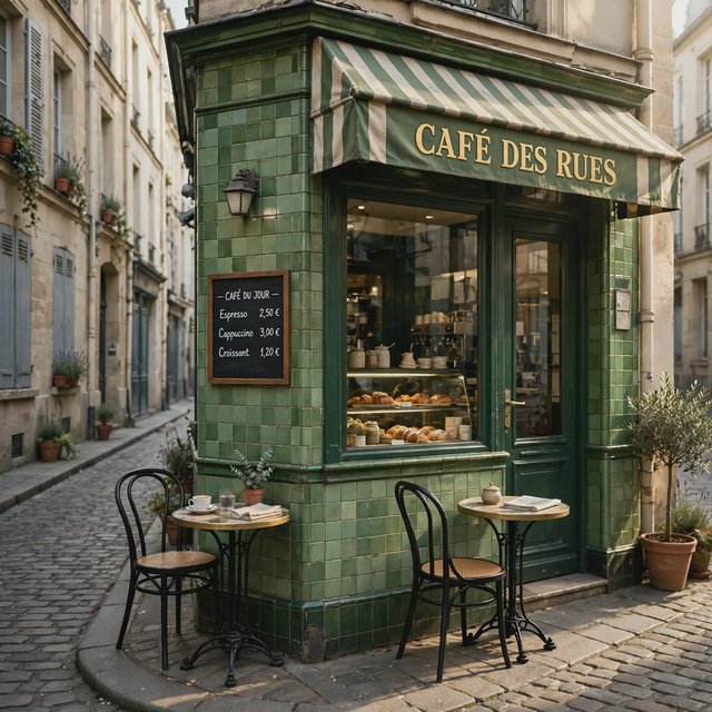 A tiny corner café in a narrow European street, green tiled facade, two bistro tables, morning light, no people. — Muse Image 1.0