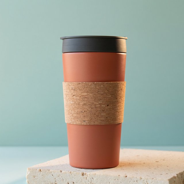 Commercial product photograph of an unbranded insulated travel mug made from matte terracotta powder-coated steel with a cork grip, standing on a pale limestone slab against a soft teal background, lit by broad diffused window light and a gentle edge light. — ImagineArt 2