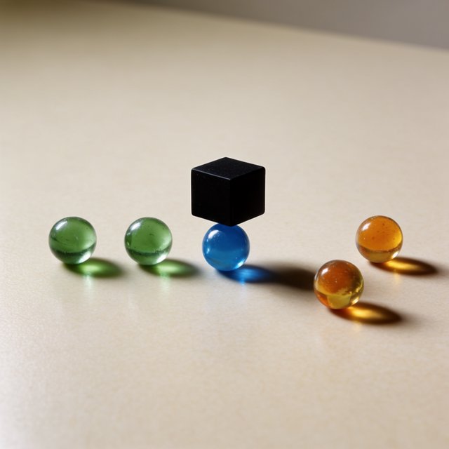 Exactly six glass marbles sit on a cream tabletop: three green marbles in a row on the left, two amber marbles in a row on the right, and one blue marble centered between the rows. A black cube sits above the blue marble, nothing else. — Krea 2 Large