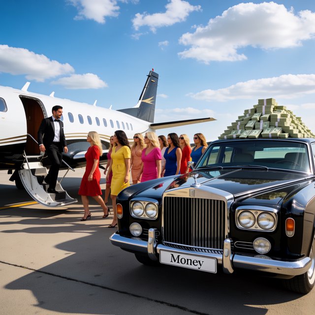 A man dressed in very nice formal clothes is getting off a private black-and-white plane. Many beautiful adult women in dresses are following the man. The man is heading toward a very high-end classic black car. The word "Money" is on the car's license plate. On top of the car is a ton of money. It is the afternoon. The vibe is cool and rich. — Krea 2 Medium