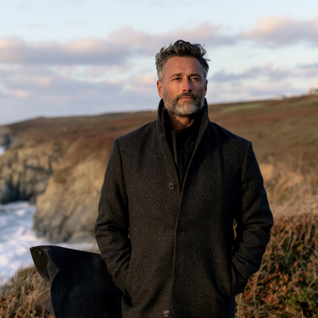 Wind lifts the hem of a charcoal wool coat as an adult man in his late 40s keeps a pensive gaze. The portrait frames him against a windswept coastal bluff beneath cool, cloud-filtered daylight. — Midjourney V8.2