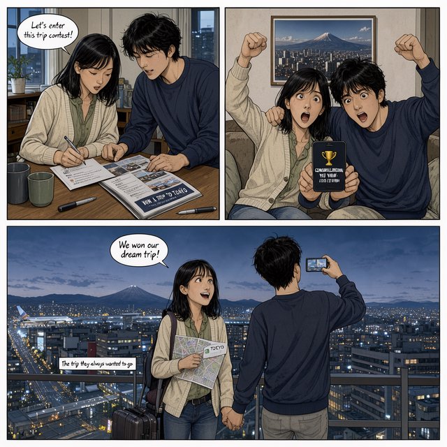 A realistic manga about a couple who entered a contest and ended up winning a trip to a place they always wanted to go. — FLUX 3 Image Klein