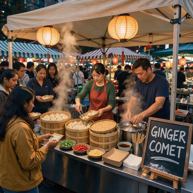 Steam curls above baskets of dumplings at a lively night-market stall, lantern light warming its canvas canopy; "GINGER COMET" is chalked in bold white letters on a blackboard beside the serving counter. — FLUX 3 Image