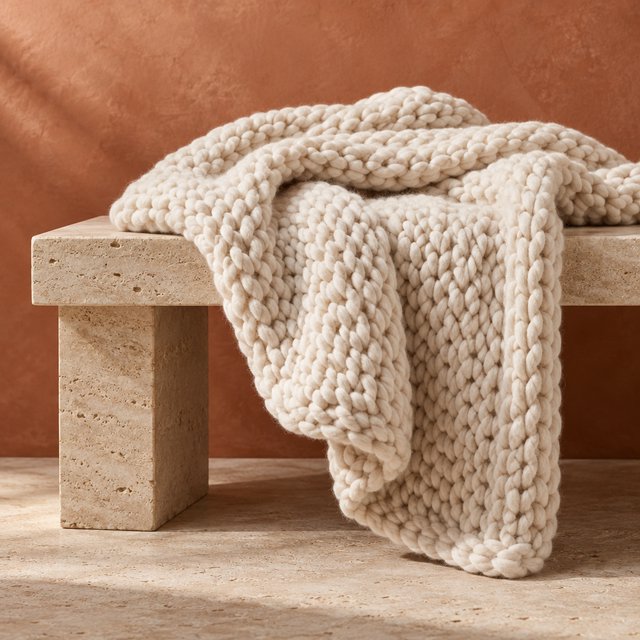 Soft folds of an unbranded chunky-knit wool throw rest on a pale travertine bench; its looped surface catches broad diffused key light and gentle side fill against a muted terracotta studio background, forming a clean commercial product image with no lettering. — Model 4