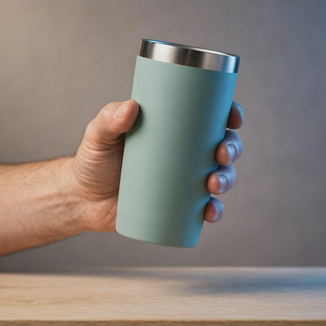 An adult hand lifts an unbranded insulated travel mug, its matte sea-glass polymer body and brushed-steel rim catching softbox highlights above a pale oak counter; warm gray studio backdrop, broad diffused key and cool edge light, no face or lettering. — Muse Image 1.0