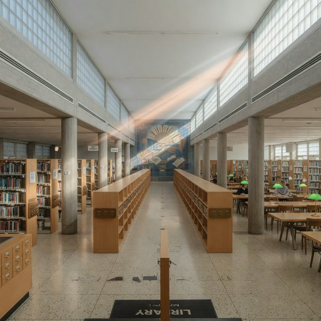 Interior of a mid-century modernist public library, with pale oak shelving, exposed concrete columns, terrazzo flooring, and a broad clerestory. Diffuse morning light crosses the reading hall, viewed from the entrance down its central aisle, with precise lines and plausible structure. — Grok Imagine Image Quality