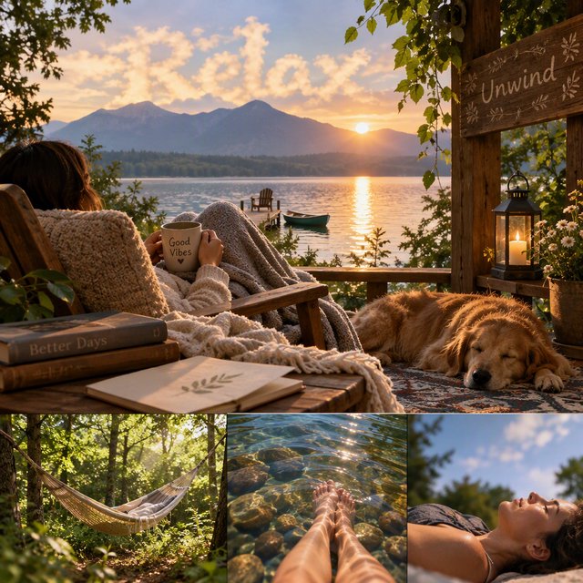 An image representing the word and concept of “Relaxing.” There are at least 4 moments that represent this. The word “Relax” and another word representing it are hidden naturally in the background. — GPT Image 2.5 Flare