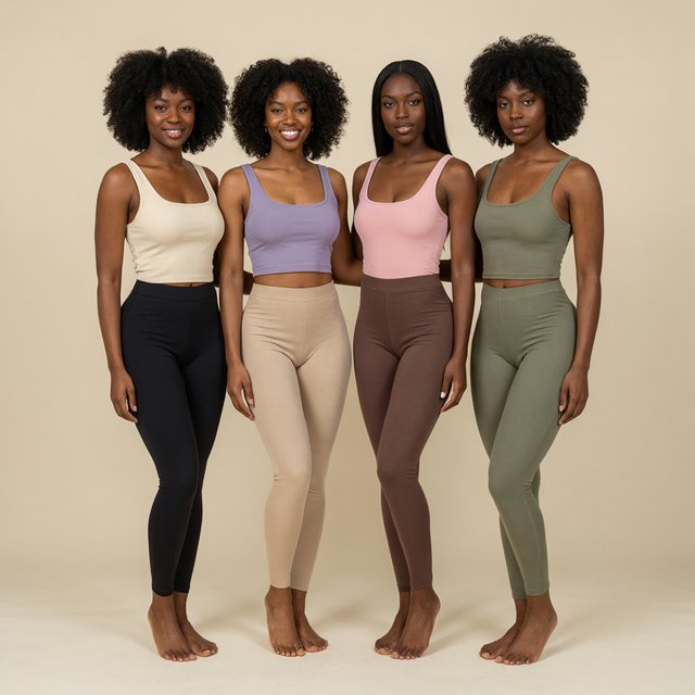 Realistic image of four women standing near each other. All are wearing fitted outfits. All are slim but still curvy Black women. Each woman has a unique, pretty face, and they all look different from one another. Full-body image. Plain background. — Model 16