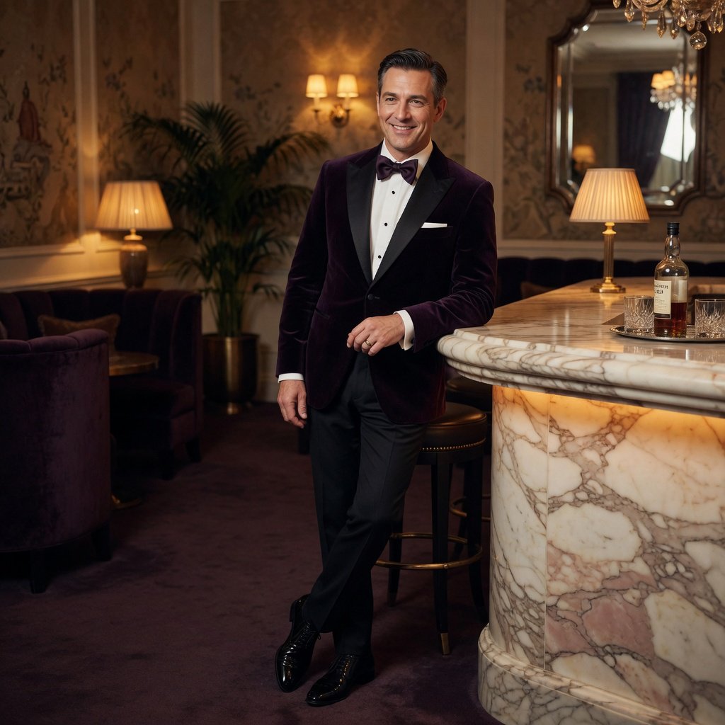 Editorial glamour photograph of an adult man in a midnight-plum dinner jacket and black trousers, standing naturally beside a sculptural marble bar in a quiet hotel lounge, flattering amber light, easy smile, polished editorial elegance. — Grok Imagine Image Quality