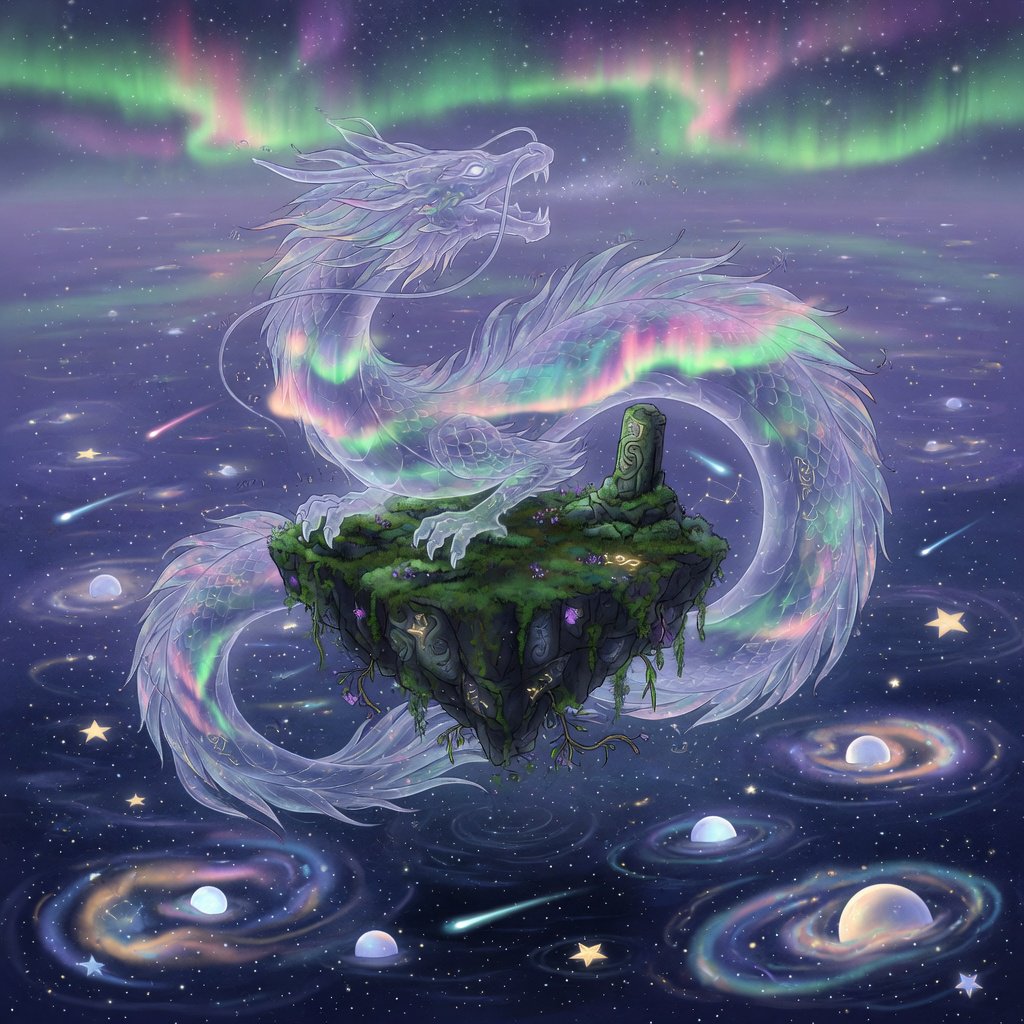 Whispers of mythic power coalesce into a spectral dragon, its form translucent and shimmering with auroral light, coiled around a floating island within a boundless celestial sea. Star-filled oceans stretch to the horizon, dotted with shimmering celestial bodies. The art style blends ethereal fantasy illustration with a subtle nod to ancient mythology, focusing on flowing lines and soft, glowing colors. The atmosphere is one of profound mystery and ancient magic. — Grok Imagine Image Quality